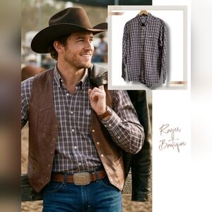 🌿Cinch Mens Large Longsleeve Gray & Brown Plaid Dress Shirt-NICE!